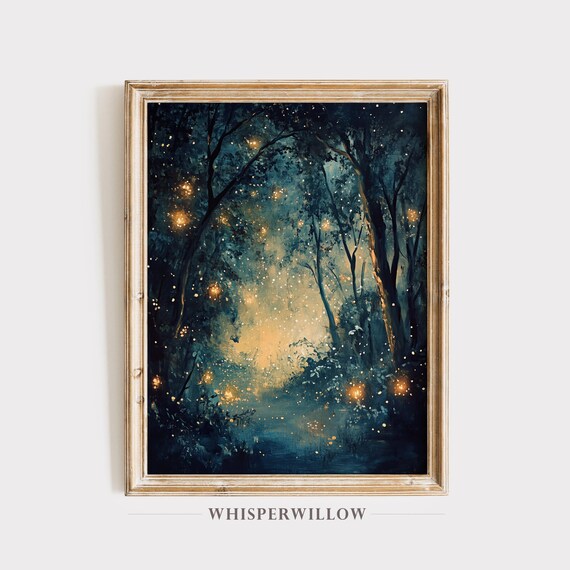 Whimsical Enchanted Forest Painting Vintage Starry Night Sky Nature Wall Decor Twinkling Glowing Sunset Art