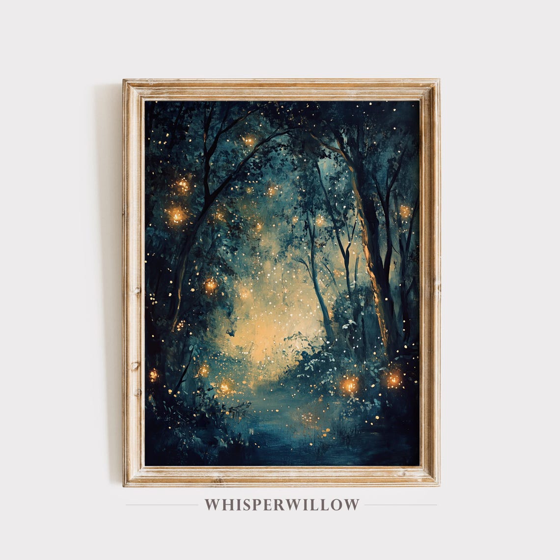 Magical Night Forest with Glowing Fireflies Teal Painting Poster