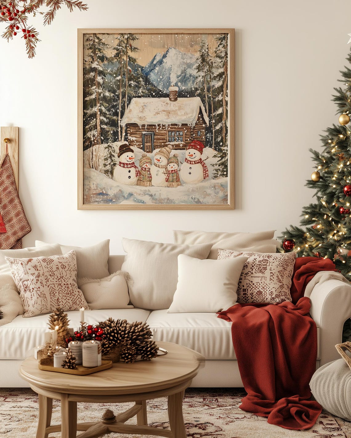 Two Cheerful Snowmen by a Snowy Cabin with Plaid Scarves Poster - Image 5