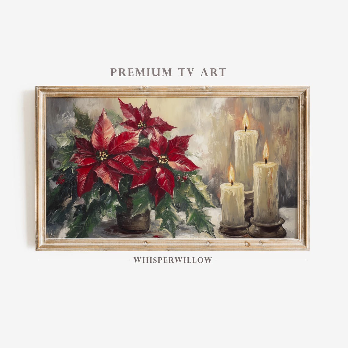 Frame Tv Art Festive Poinsettia And Candles Painting Christmas Spirit Home Decor Winter Holiday Red Flower