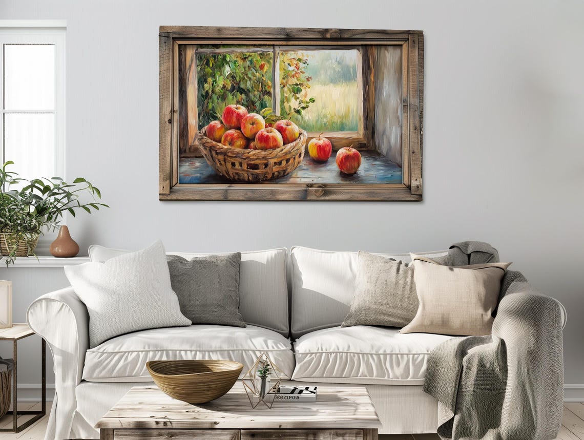 Rustic Apple Basket on Farmhouse Windowsill Autumn Harvest Poster - Image 2