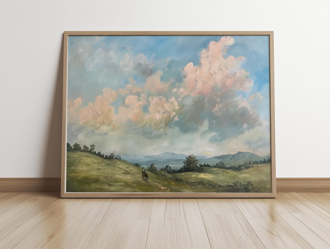 Pink Clouds Over Rolling Green Hills with Horse Rider Poster - Image 5