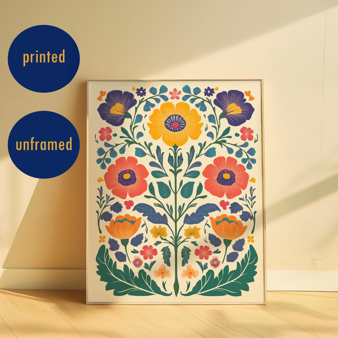 Scandinavian Folk Art Botanical Colorful Flower Poster Decor