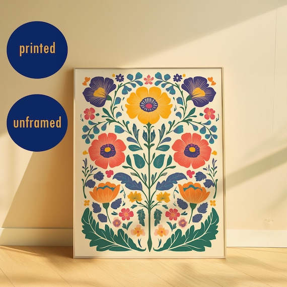 Floral Folk Art Poster Colorful Wall Vintage Flowers Eclectic Home Decor Maximalist Abstract Vibrant Printed