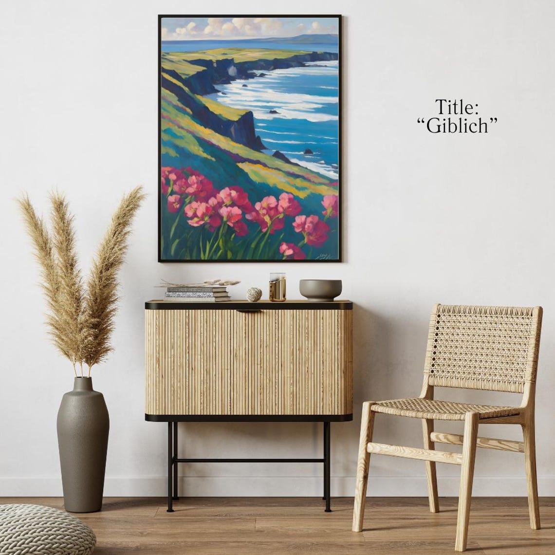 Vibrant Coastal Cliffs Landscape with Pink Wildflowers Art Poster - Image 4