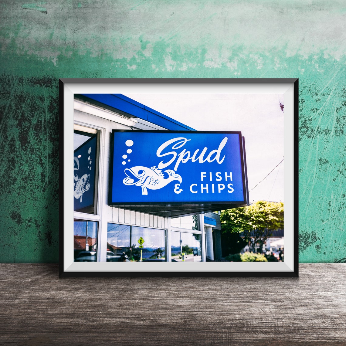 Spud Fish And Chips Smiling Fish Vintage Blue Sign Photography Poster