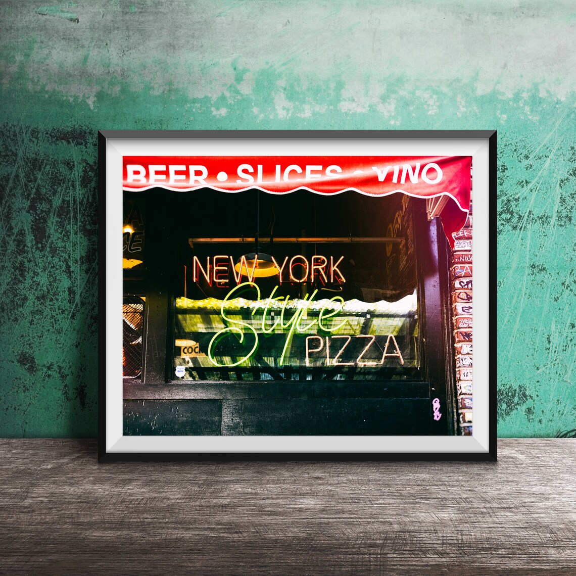 New York Style Pizza Neon Sign Beer Slices Vino Photography Poster