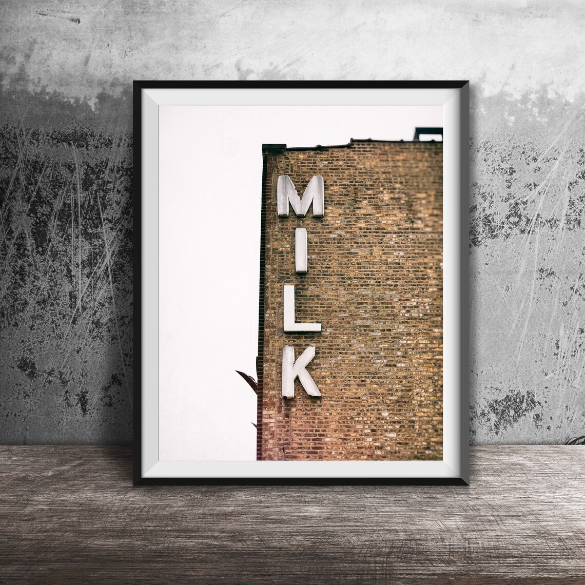 Brick Building with Vertical Milk Letters Sign Photography Poster