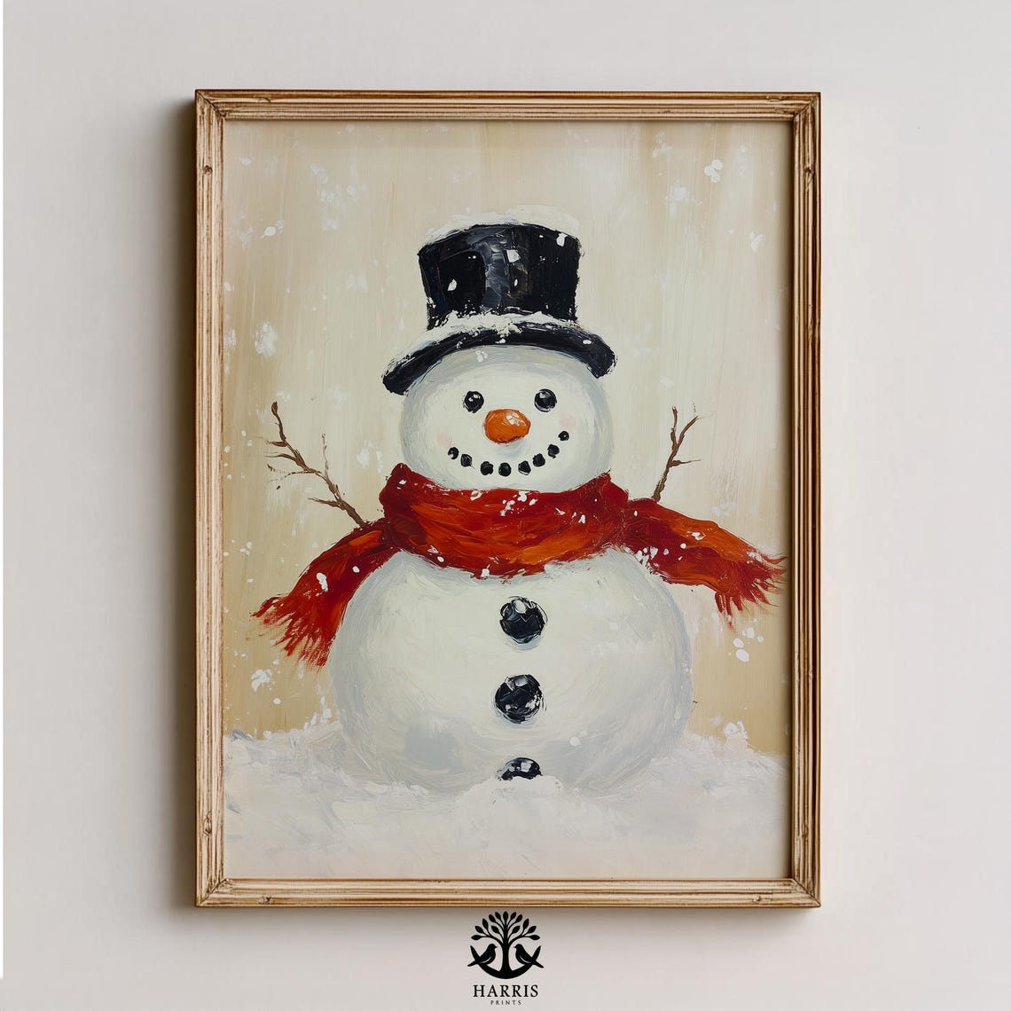 Cute Snowman with Top Hat Red Scarf Winter Oil Painting Poster