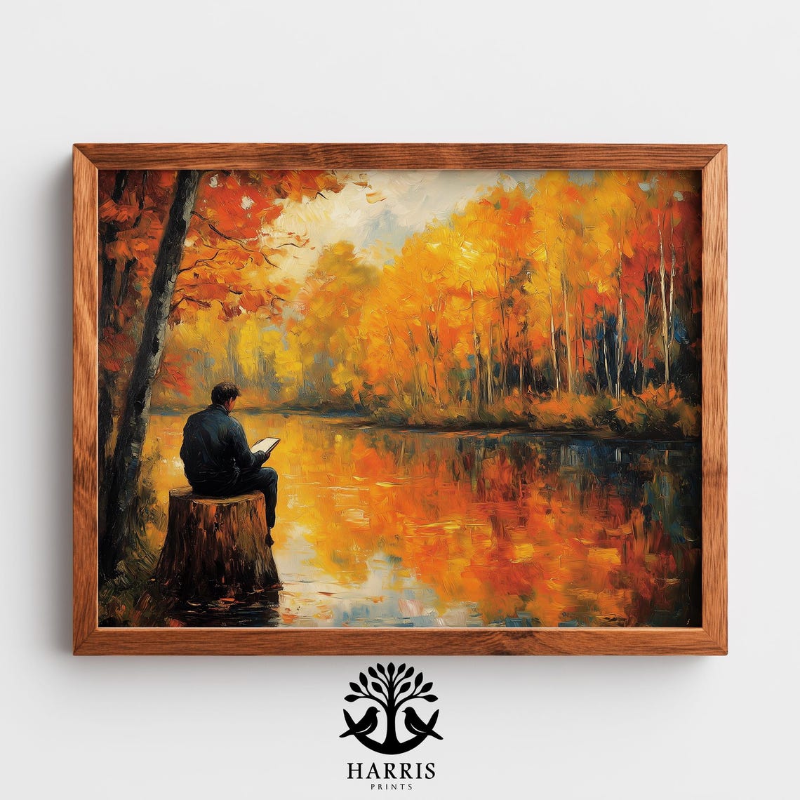 Tranquil Autumn Lakeside Impressionist Painting Rustic Fall Scene Moody Reflection Art Golden Foliage Tree Wall 318