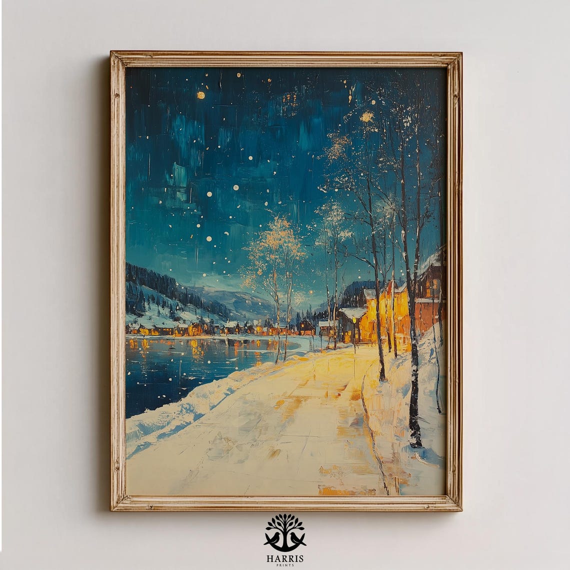 Winter Lakeside Village Snowy Night Starry Sky Painting Poster