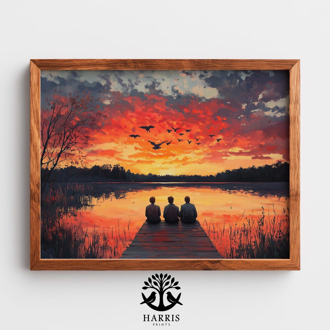 Three Friends Watching Sunset From Dock Over Lake Oil Painting Print