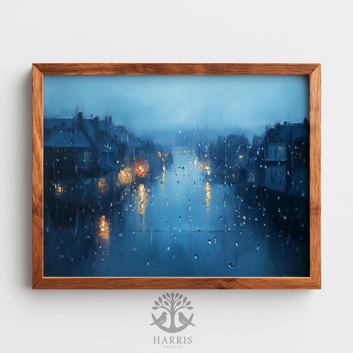 Winter Night Canal Rain Lights Moody Blue Cityscape Art Poster