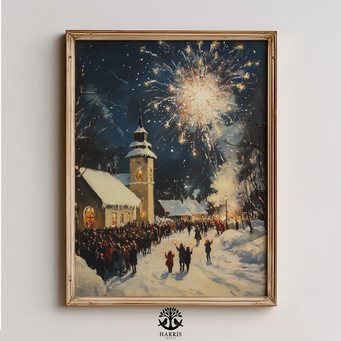 Snowy Winter Village Church Fireworks Festive Night Scene Print