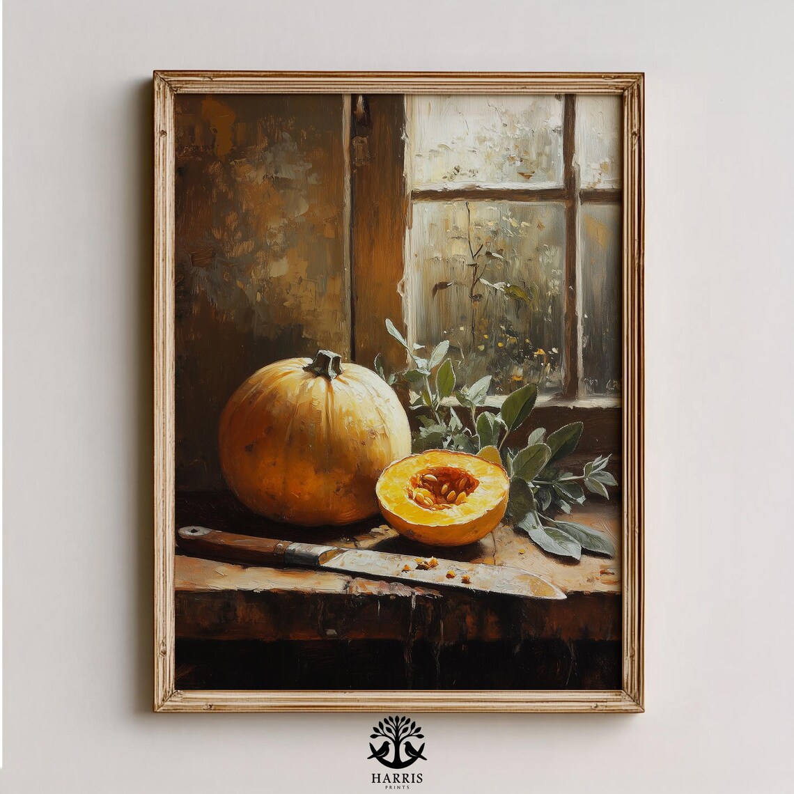 Harvest Squash Still Life Knife Frosty Window Autumn Oil Poster