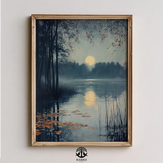 Moody Moonlit Autumn Pond Vintage Nightscape Wall Art Misty Reflections Tranquil Fall Landscape 475