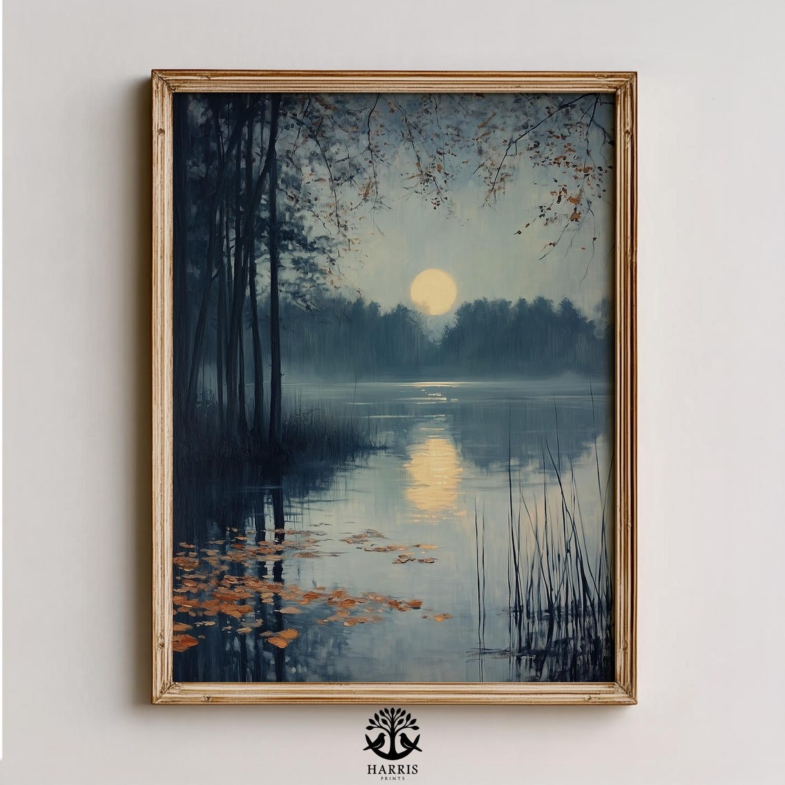 Moody Moonlit Autumn Pond Vintage Nightscape Wall Art Misty Reflections Tranquil Fall Landscape 475