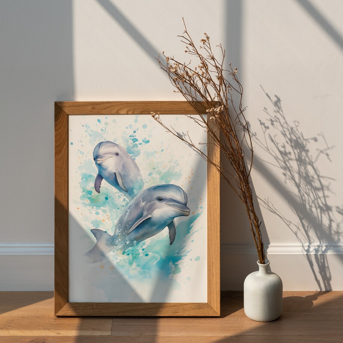 Pair of Dolphins Watercolor Painting Ocean Sea Life Art Poster - Image 2