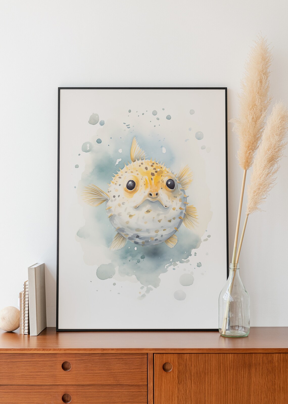 Cute Baby Pufferfish Watercolor Ocean Kids Nursery Room Wall Art - Image 3