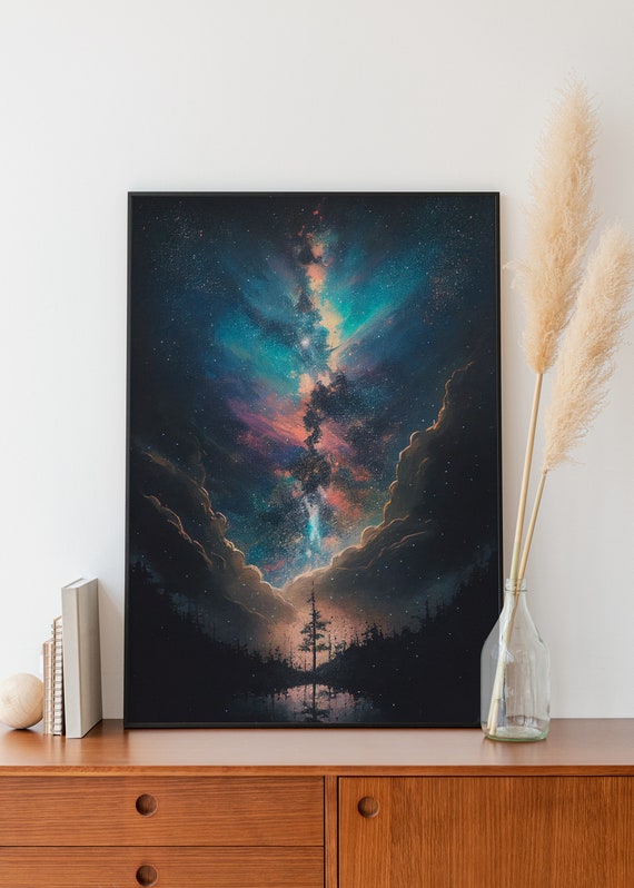 Milky Way Landscape Painting Forest Lake Tree Rainbow Colors Oil Painting Vintage Wall Art