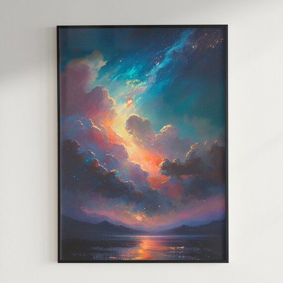 Dramatic Sunset Clouds Over Lake Colorful Painting Art Poster