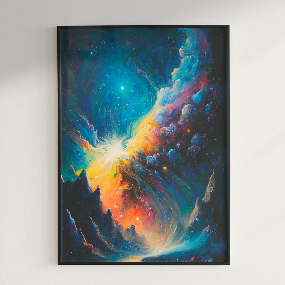 Swirling Nebula Galaxy Painting with Bright Star Burst Poster - Image 2