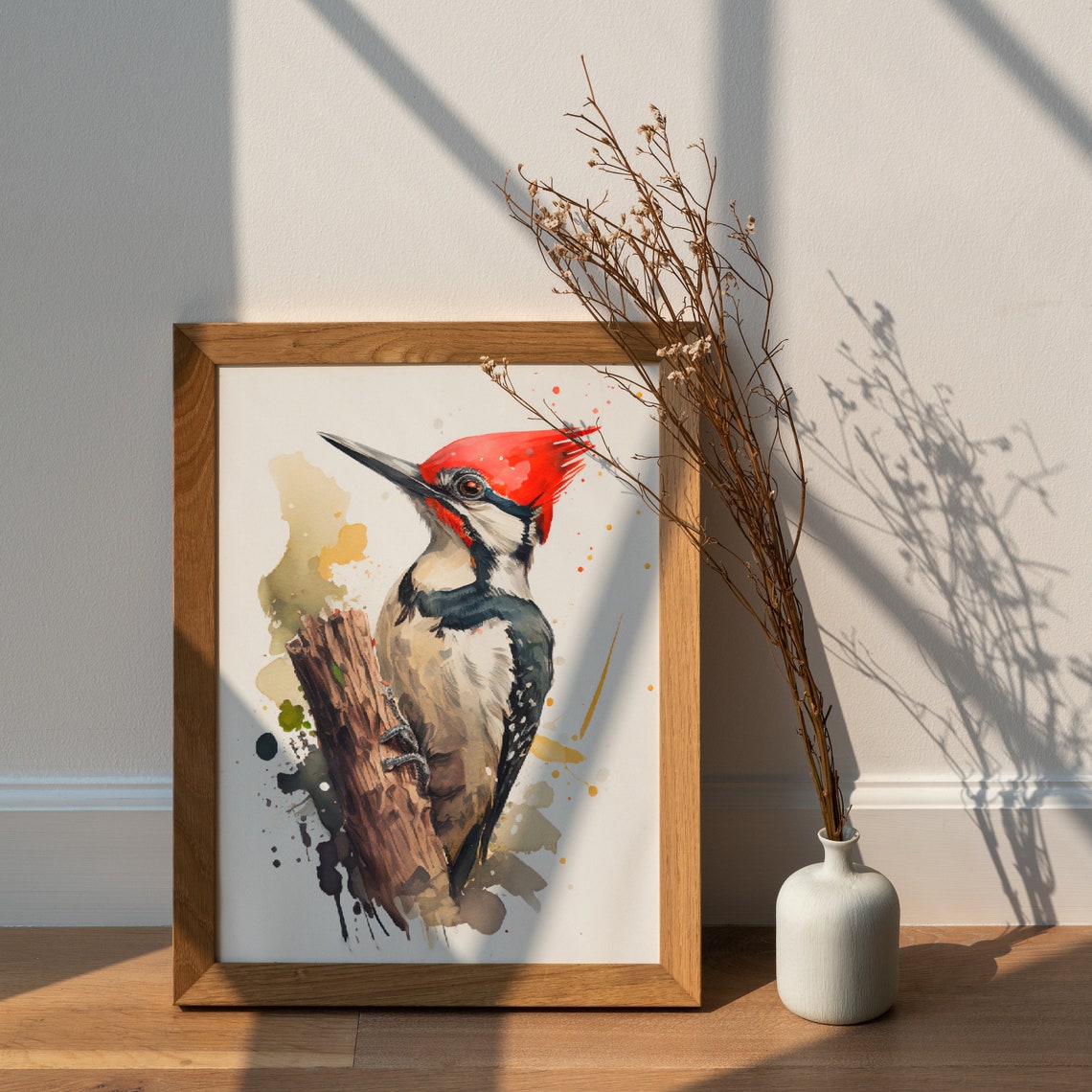 Great Spotted Woodpecker Clinging to Tree Trunk Watercolor Poster - Image 3