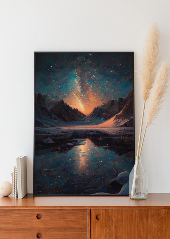Milky Way Night Sky Landscape Painting Mountainous Backdrop Blue Orange Oil Painting Vintage Wall Art