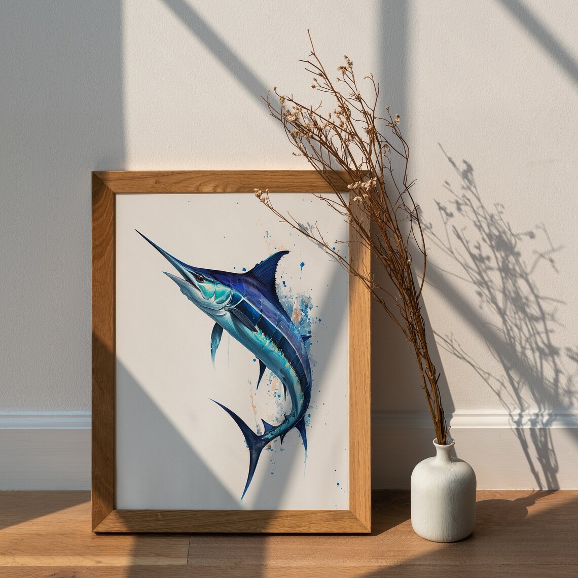 Blue Marlin Fish Watercolor Painting Splash Jumping Art Poster - Image 3