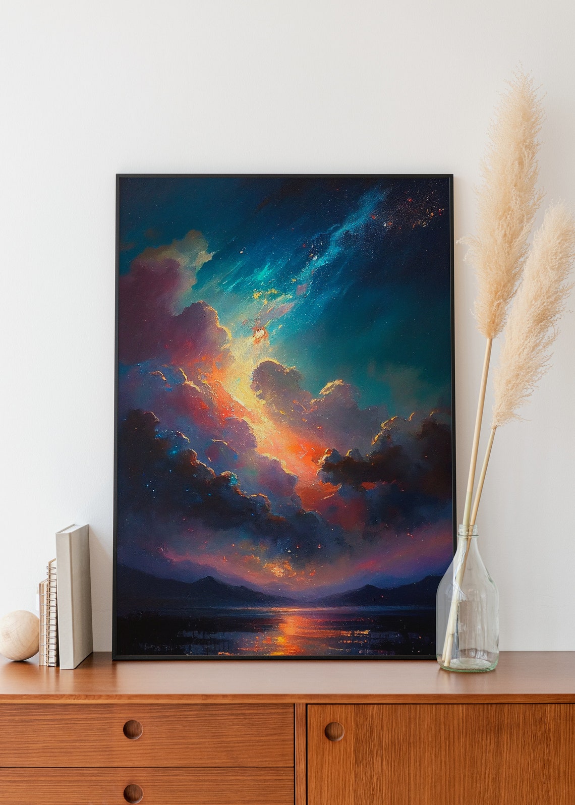 Galaxy Night Sky Over Mountains Lake Dreamy Oil Style Poster
