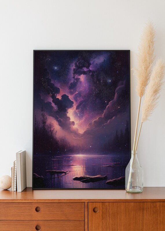 Purple Moonlit Night Sky Over Water Dreamy Painting Art Poster
