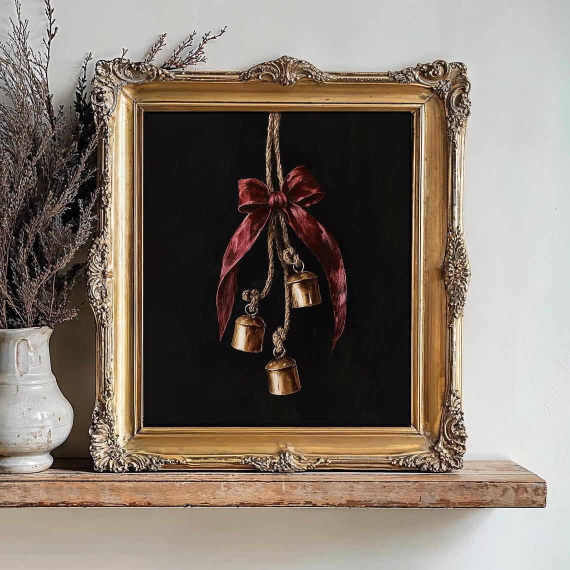 Brass Christmas Bells Burgundy Bow Moody Black Holiday Poster - Image 2