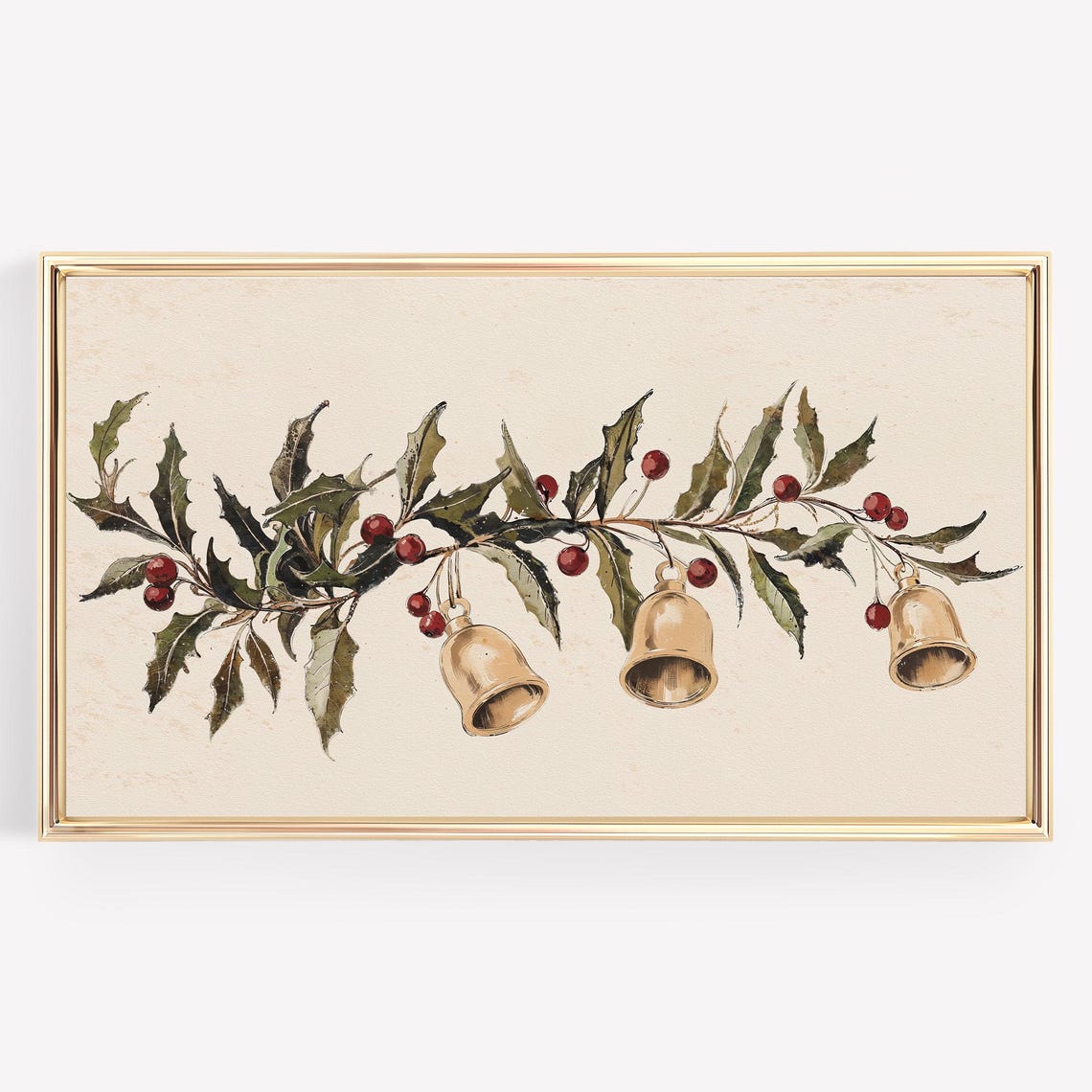Frame TV Art Christmas Holly Gold Bells Rustic Botanical Winter Poster
