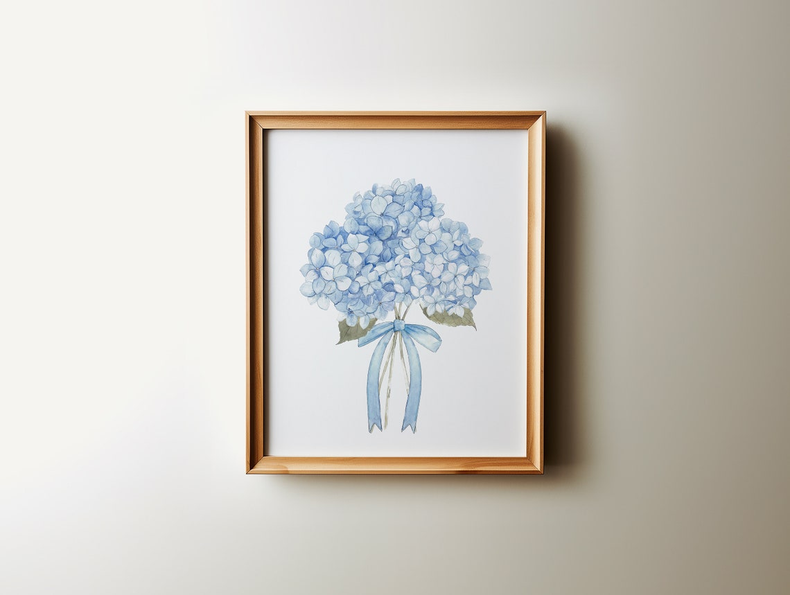 Blue Hydrangea Bouquet Watercolor Floral Botanical Elegant Wall Art