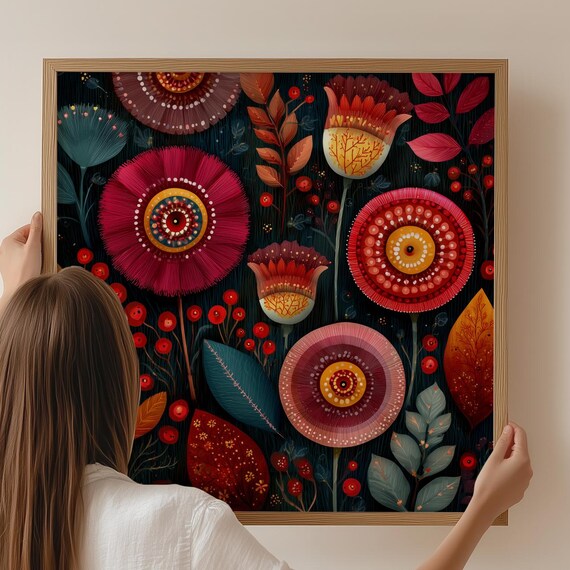 Abstract Folk Art Floral Print Boho Jewel Tone Wall Deep Red Teal Botanical Decor Intricate Flower Painting