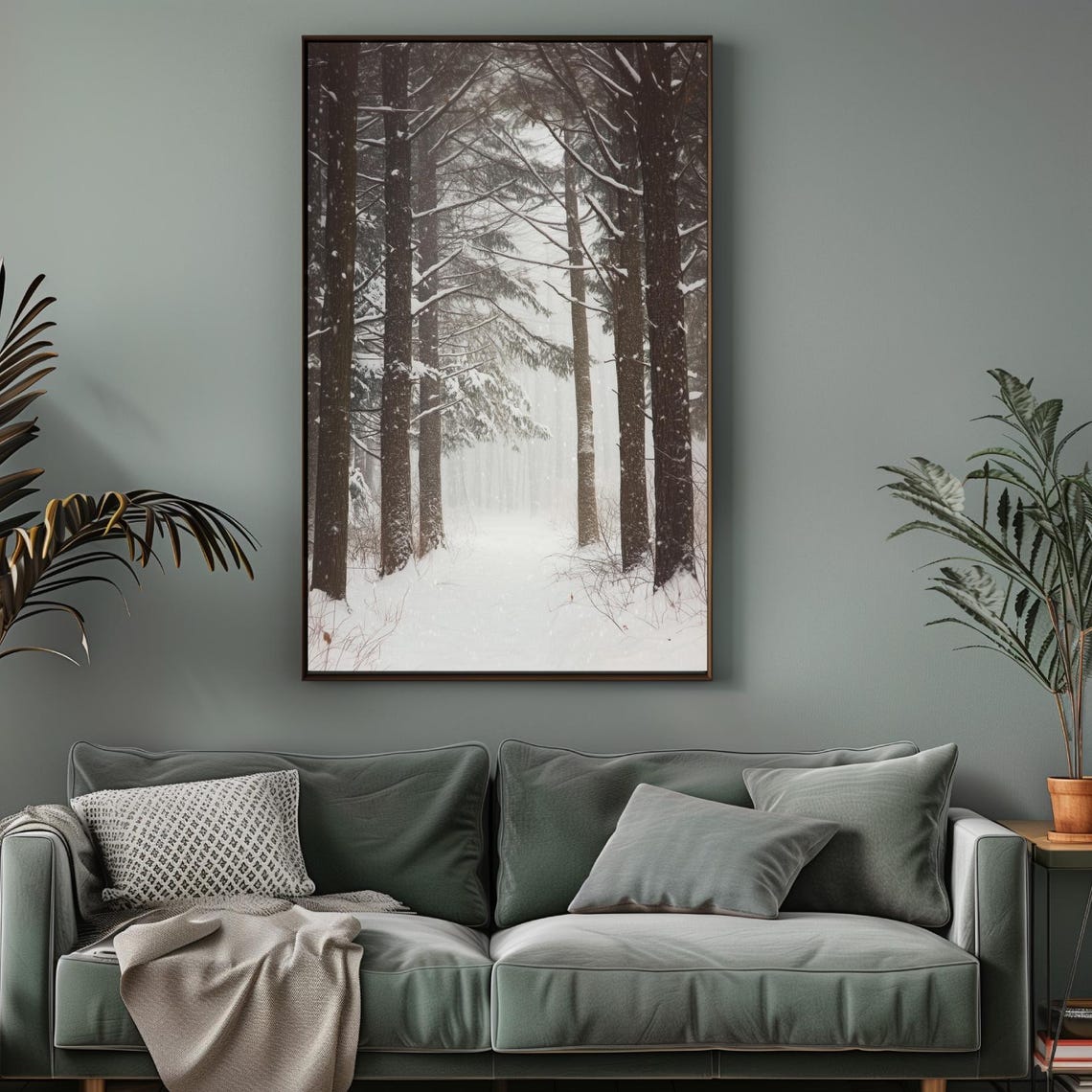 Moody Winter Trees Painting Snowy Forest Wall Art Gothic Tree Print Dark Woods Artwork Snowing Pine Cabin Decor Holiday - Image 2