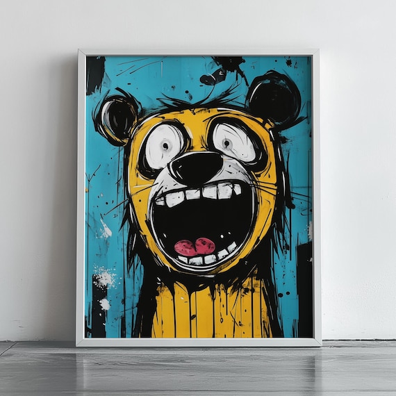 Screaming Yellow Cartoon Bear Street Art Style Funny Animal Poster