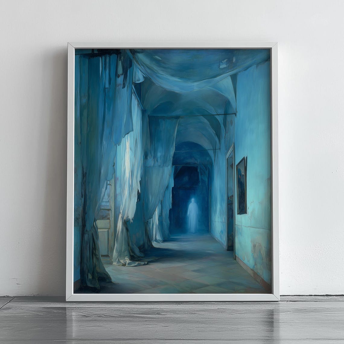 Moody Moonlit Hallway With Ghostly Figure Vintage Style Wall Art Spooky Blue Interior Decor Haunting Atmosphere 140
