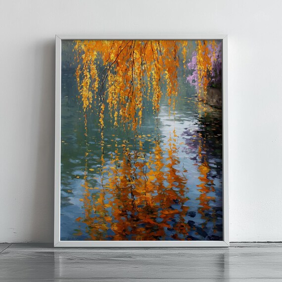 Golden Weeping Willow Branches Over Reflective Autumn River Poster