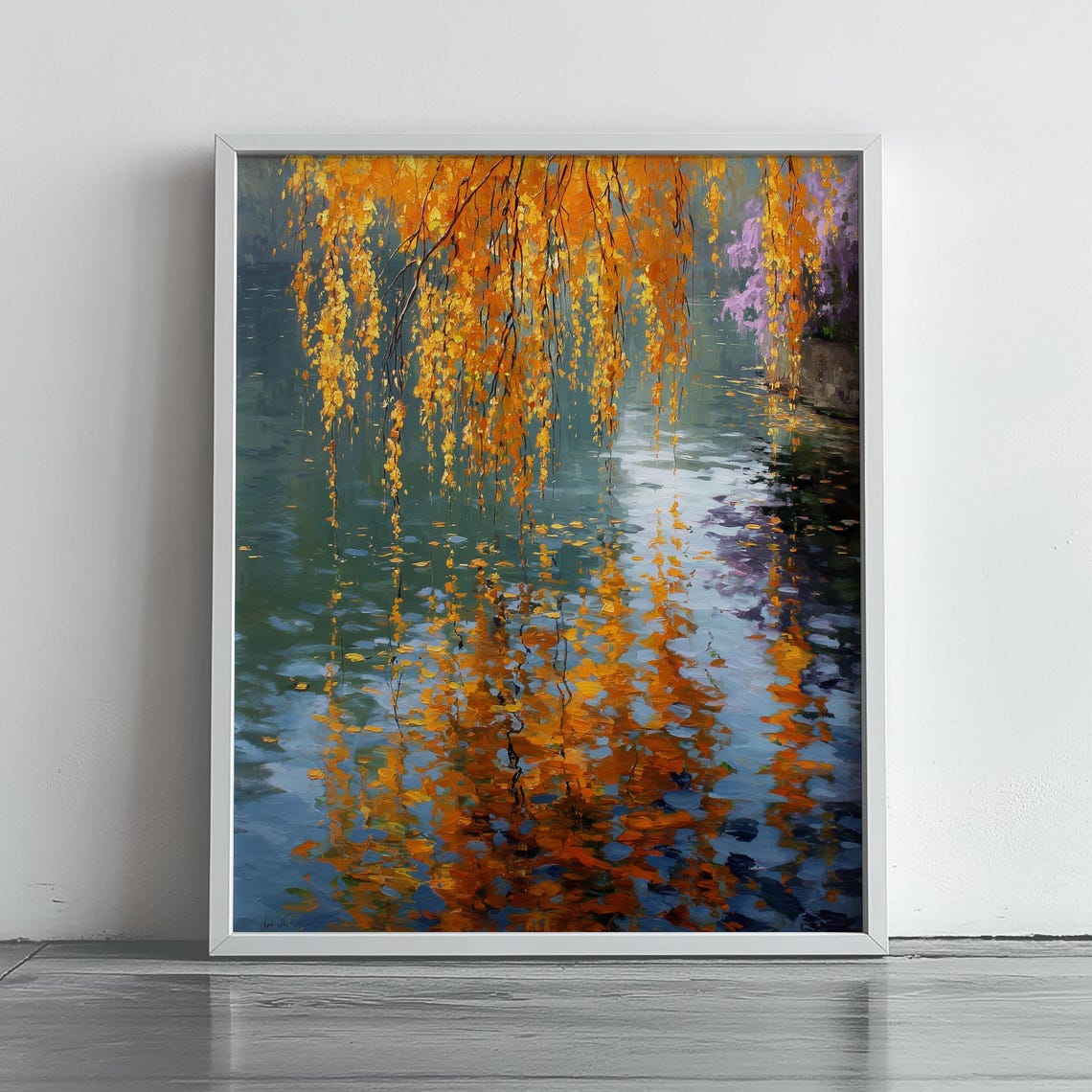 Golden Weeping Willow Branches Over Reflective Autumn River Poster