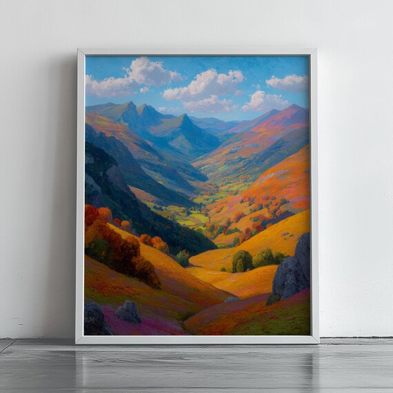 Autumn Mountain Valley Golden Hills Colorful Landscape Oil Painting Print