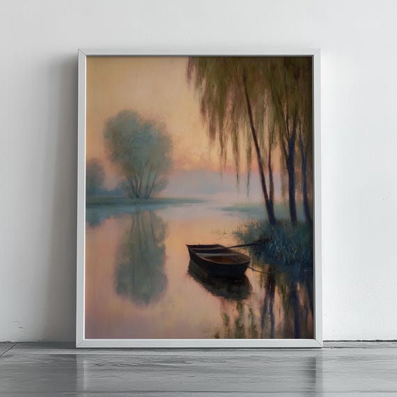 Vintage River Scene At Dawn Oil Painting Misty Morning Landscape Rustic Wall Art Print Tranquil Nature Reflection Decor 167
