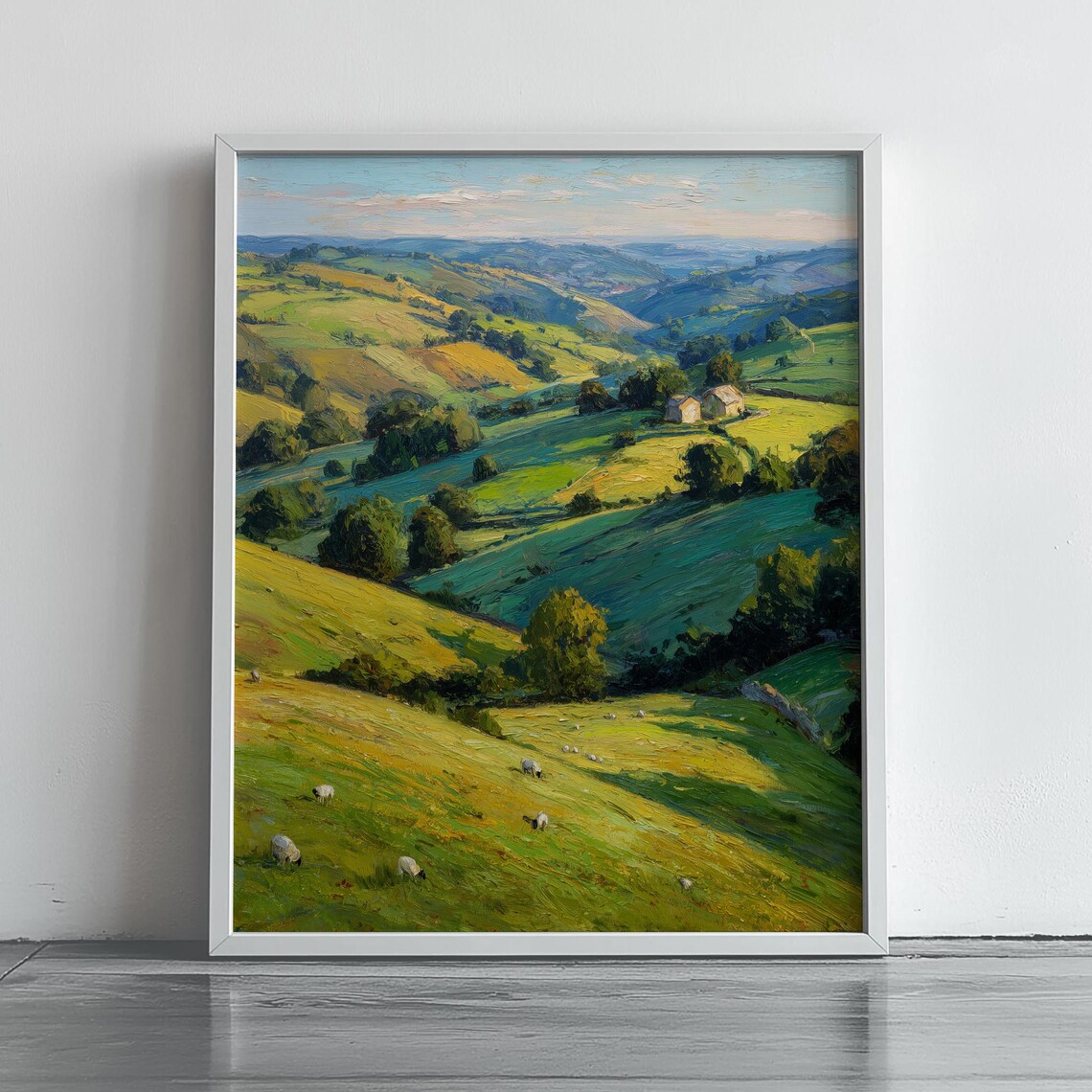 Rolling Green Hills Sheep Meadow Rustic Countryside Oil Painting Print