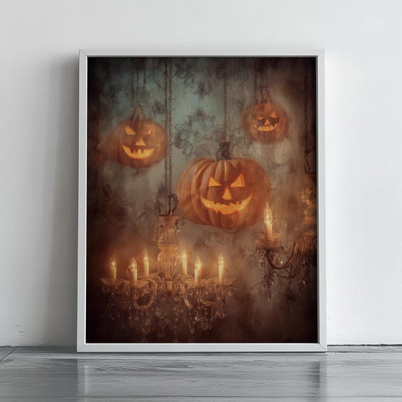 Halloween Jack-O-Lantern Trio Poster Glowing Above Vintage Candlelight