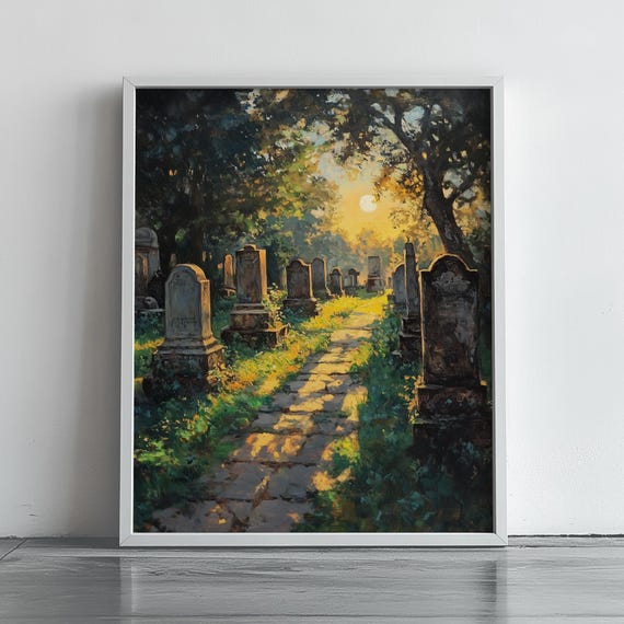 Autumn Country Cemetery Oil Painting Rustic Fall Landscape Moody Scene With Sunlight Vintage Art Tranquil Wall Decor 396