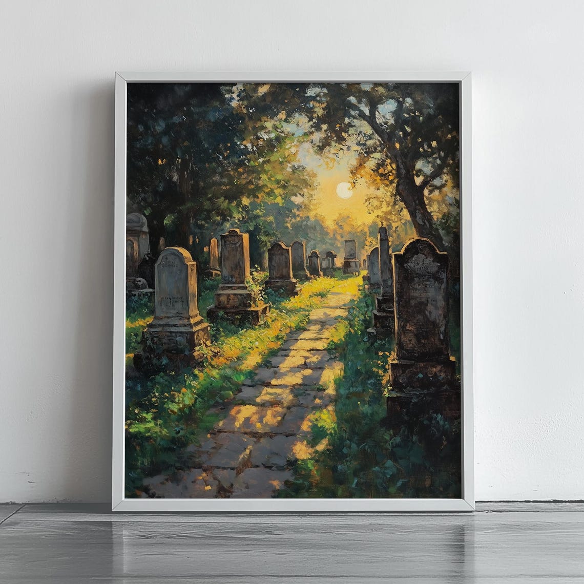 Countryside Cemetery Sunset Path Golden Light Oil Painting Poster