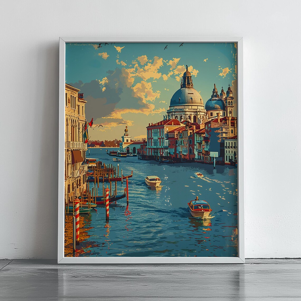 Venice Grand Canal Basilica Vintage Sunset Gondola Travel Poster