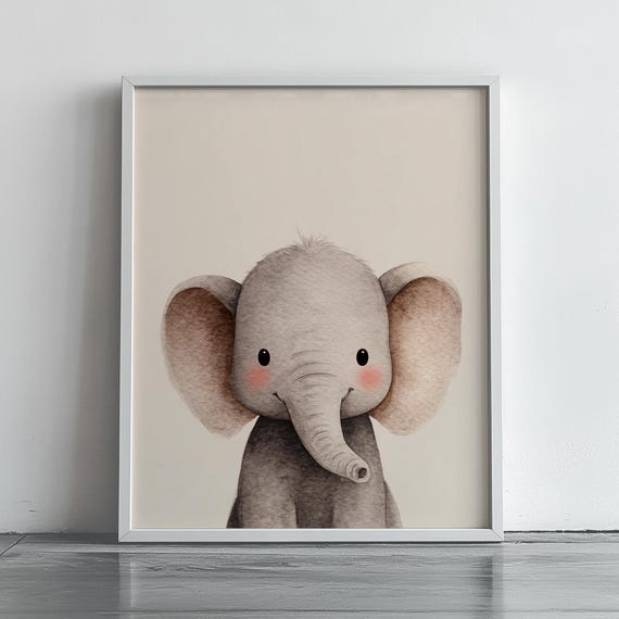 Cute Baby Elephant Portrait Childrens Book Style Nursery Animal Wall Art Playroom Decor Adorable Illustration 218