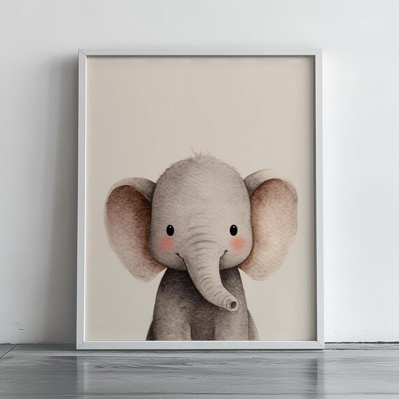 Sweet Baby Elephant Watercolor Portrait Rosy Cheeks Nursery Art Poster