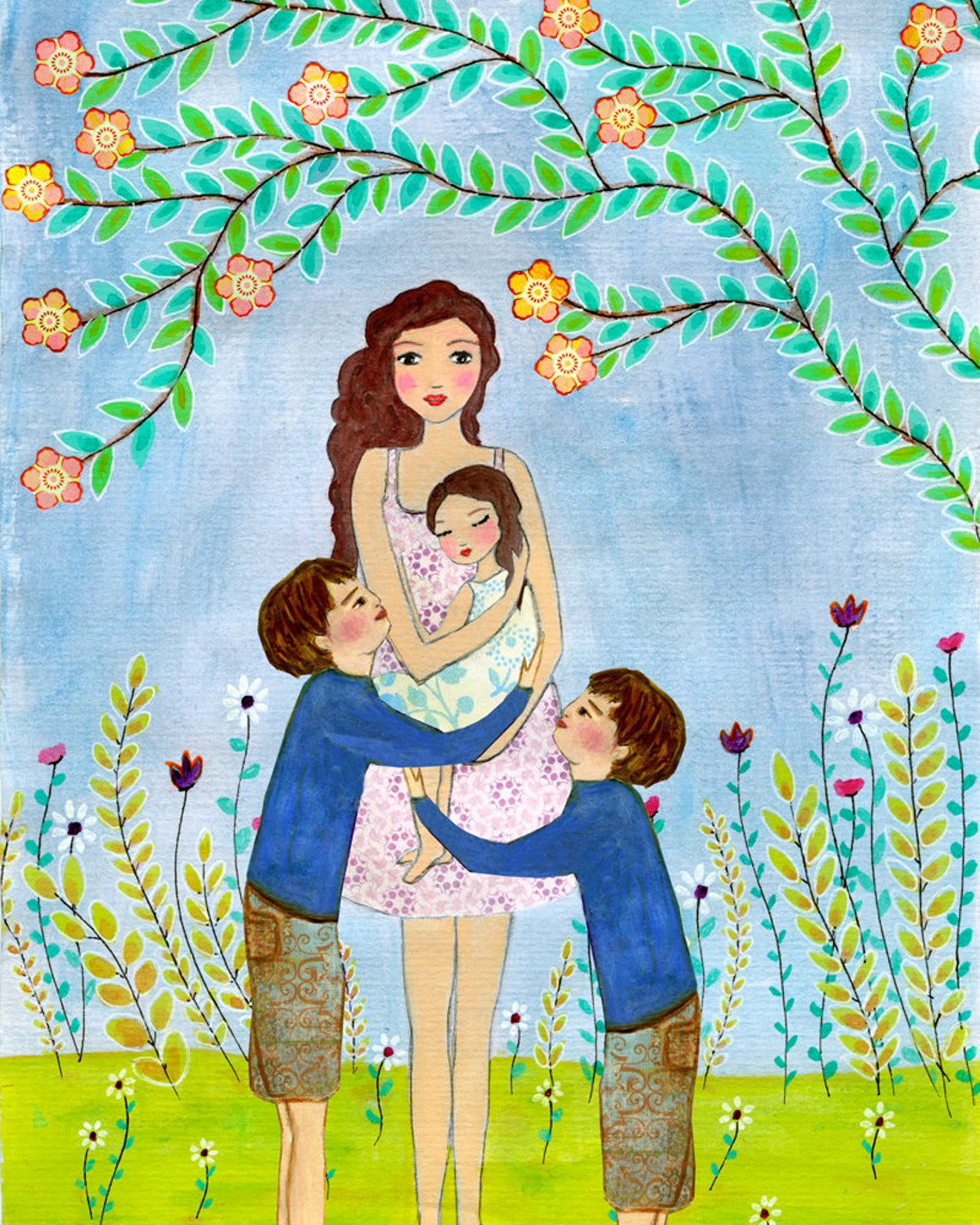 Mother Art Mother With Sons And Baby Daughter Painting Motherhood Art Print Mother And Child Painting Nursery Wall Art